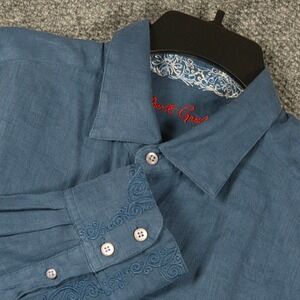 Robert Graham Mens Blue Linen Button Down Shirt M/M Embroidered Flip Cuffs